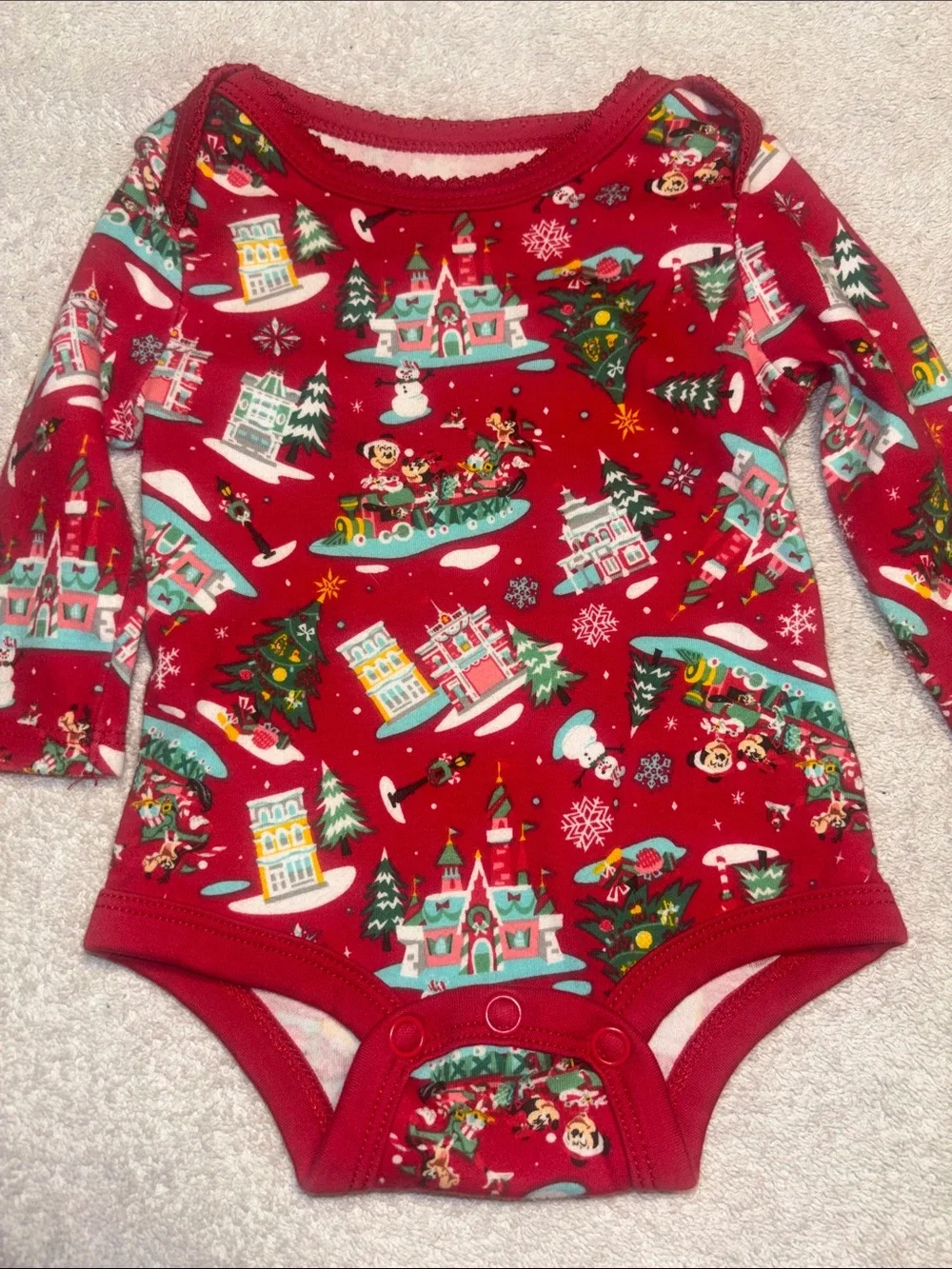 Disney Red Holiday Village Print Long-Sleeve One-Piece Bodysuit